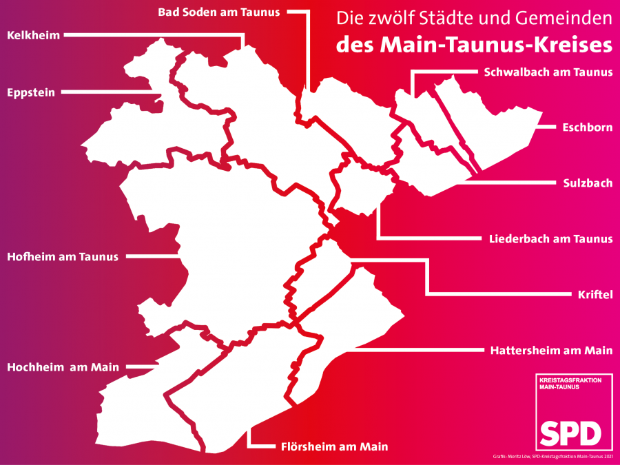 Die zwölf Städte und Gemeinden des Main-Taunus-Kreises